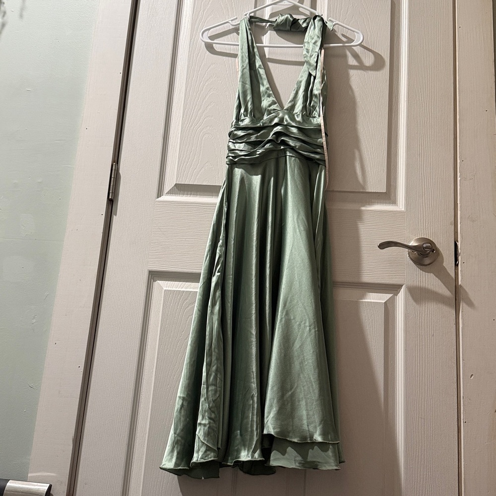 V-Neck Silk backless Midi Dress in Sage Green